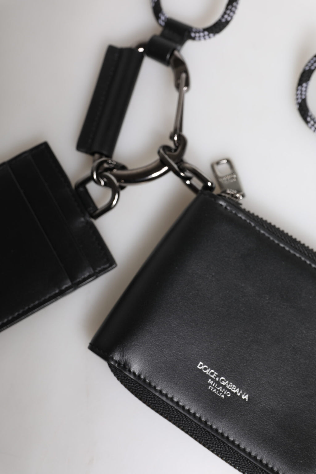Schwarzes Leder Lanyard Reißverschluss Kartenetui Portemonnaie