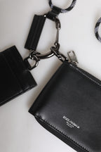 Schwarzes Leder Lanyard Reißverschluss Kartenetui Portemonnaie