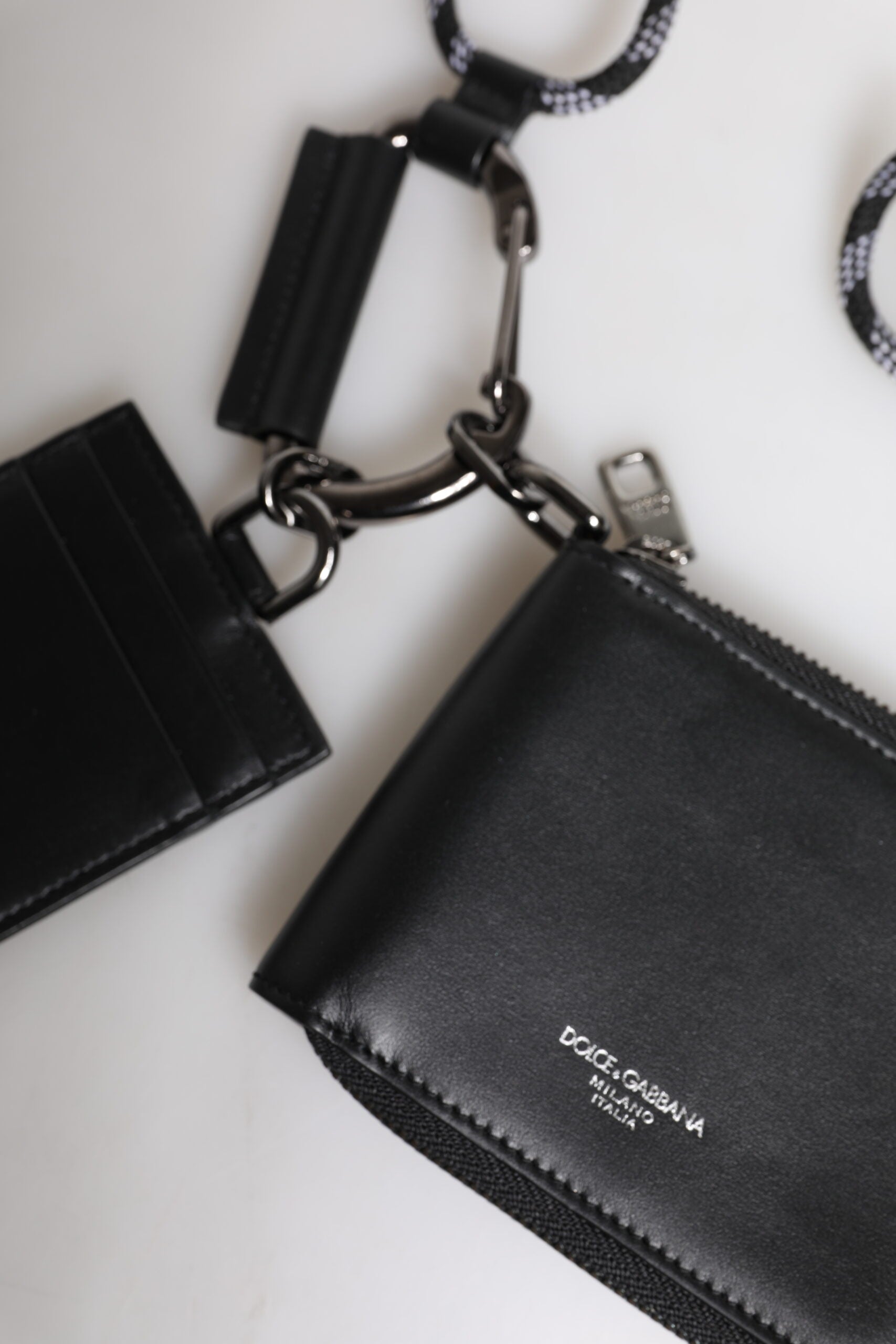 Schwarzes Leder Lanyard Reißverschluss Kartenetui Portemonnaie