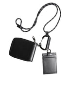 Schwarzes Leder Lanyard Reißverschluss Kartenetui Portemonnaie