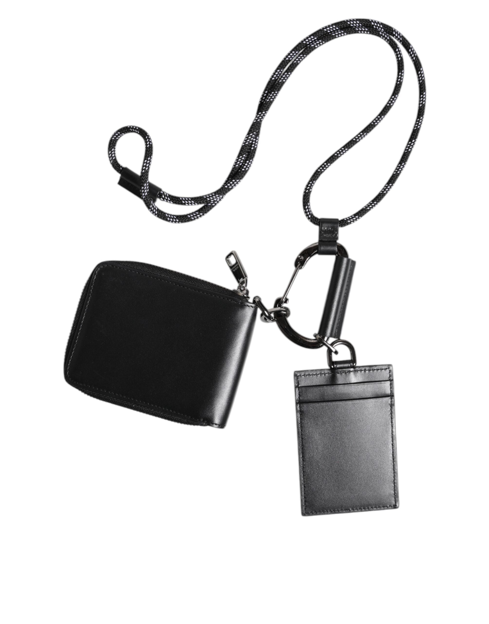 Schwarzes Leder Lanyard Reißverschluss Kartenetui Portemonnaie