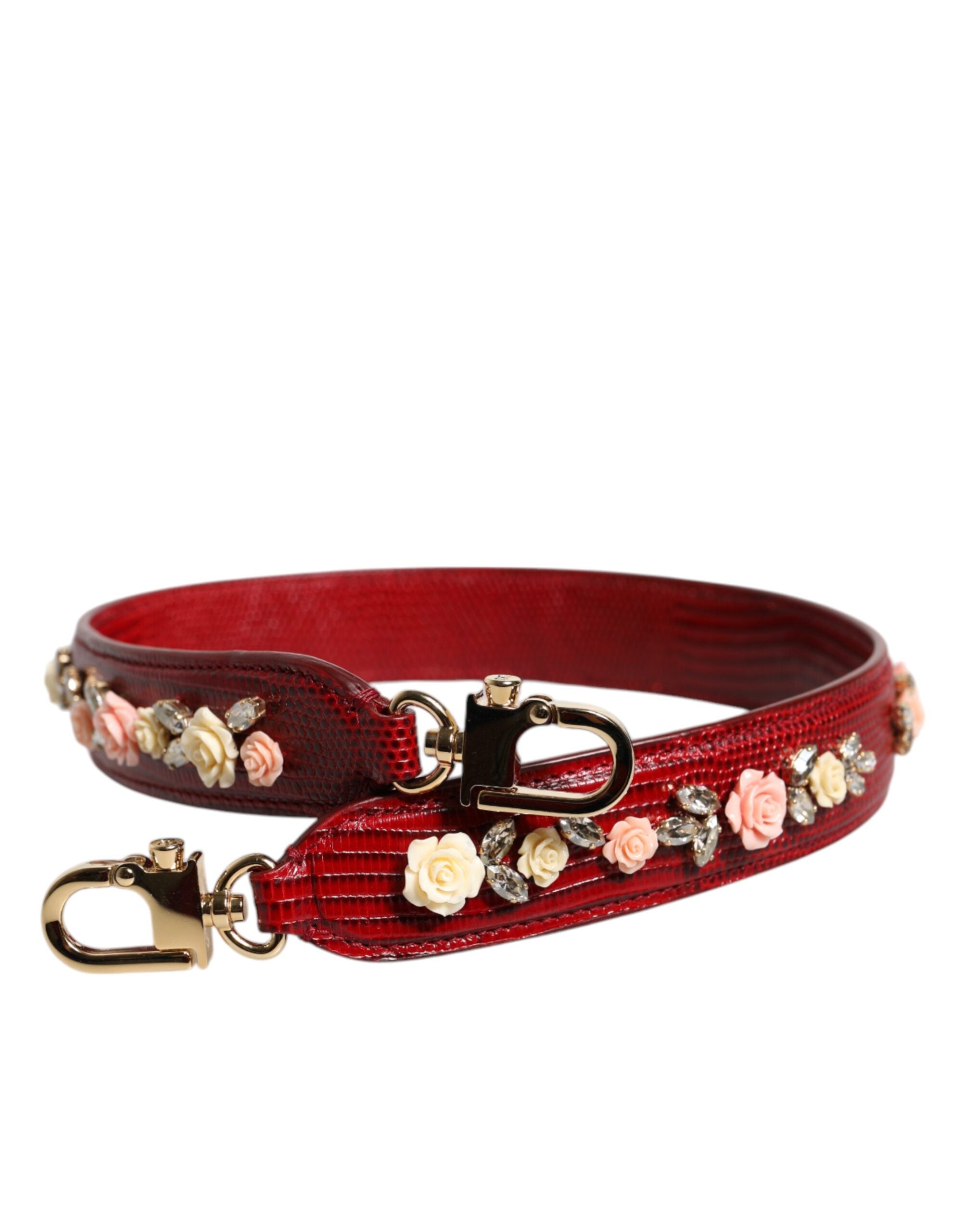 Rote Umhängetasche aus Leder mit Blumenmuster