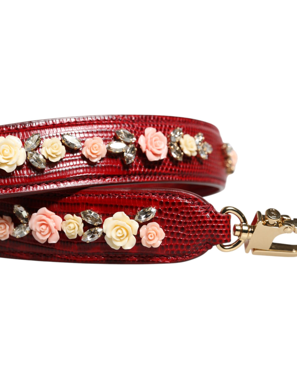 Rote Umhängetasche aus Leder mit Blumenmuster