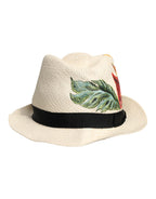 Beiger Fedora-Hut mit breiter Krempe aus Stroh mit Blumenmuster
