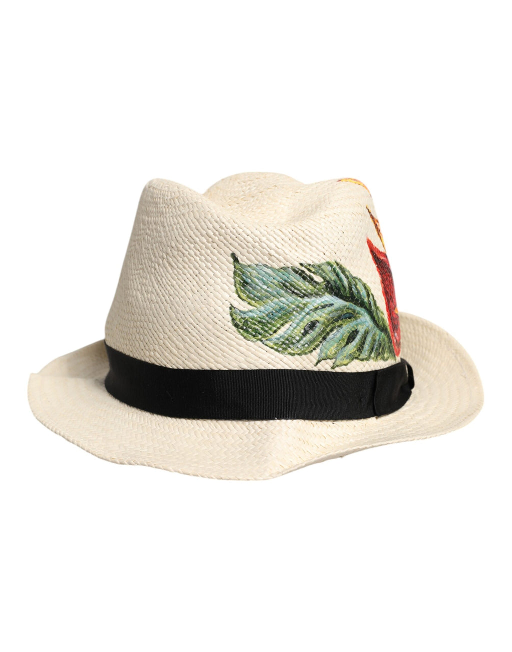 Beiger Fedora-Hut mit breiter Krempe aus Stroh mit Blumenmuster