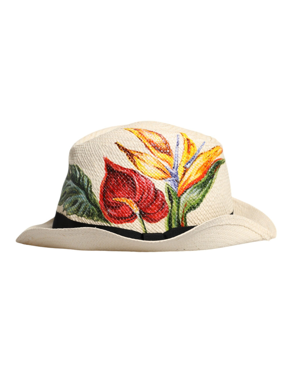 Beiger Fedora-Hut mit breiter Krempe aus Stroh mit Blumenmuster