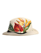 Beiger Fedora-Hut mit breiter Krempe aus Stroh mit Blumenmuster