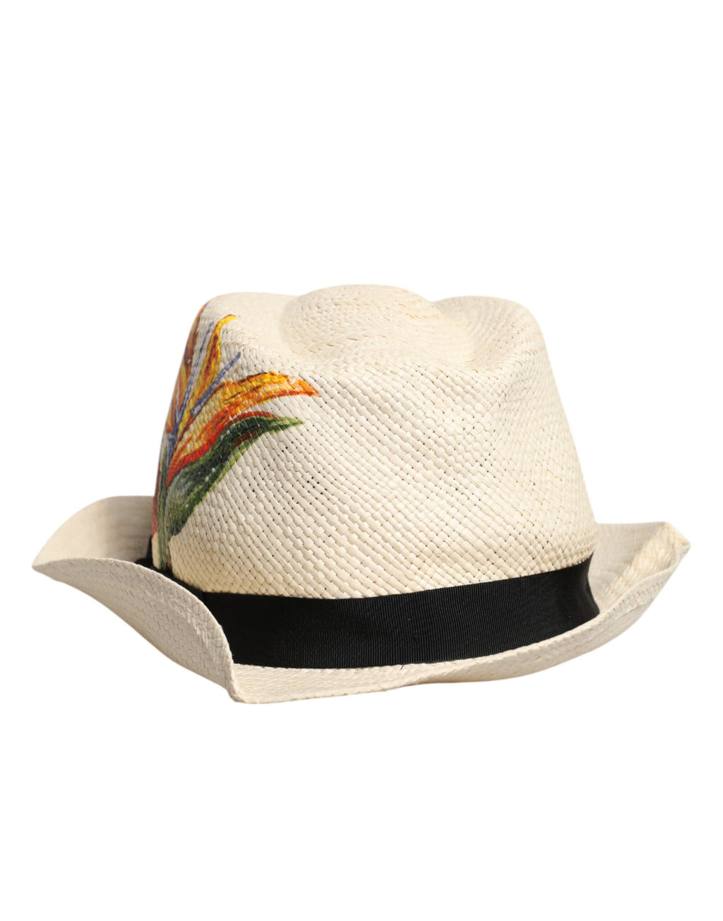Beiger Fedora-Hut mit breiter Krempe aus Stroh mit Blumenmuster