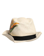 Beiger Fedora-Hut mit breiter Krempe aus Stroh mit Blumenmuster