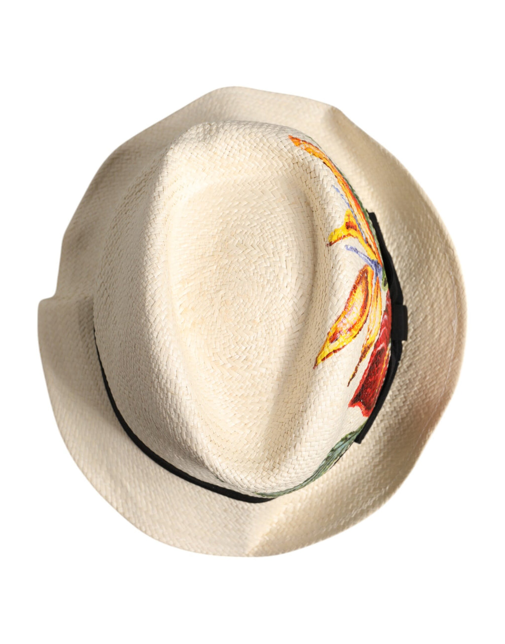 Beiger Fedora-Hut mit breiter Krempe aus Stroh mit Blumenmuster
