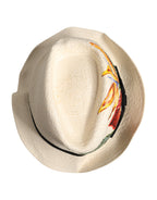 Beiger Fedora-Hut mit breiter Krempe aus Stroh mit Blumenmuster