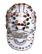 White Multicolor Crystal Embellish Baseball Cap