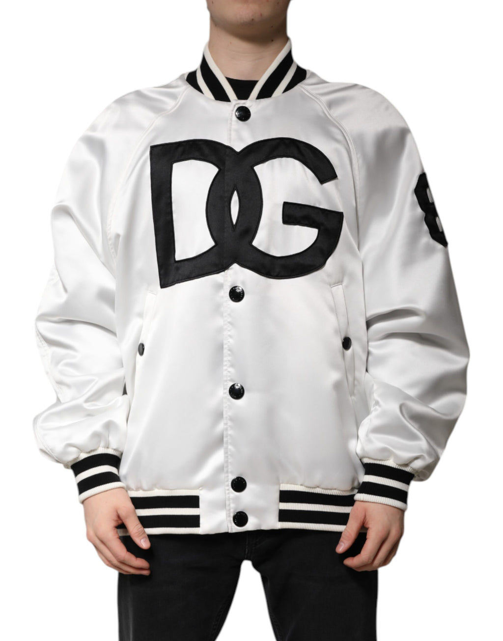Bomber Jacket in White DG Logo Polyester Jersey