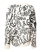 White Black Logo Print Women Pullover Sweater