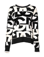 White Black Logo Print Women Pullover Sweater