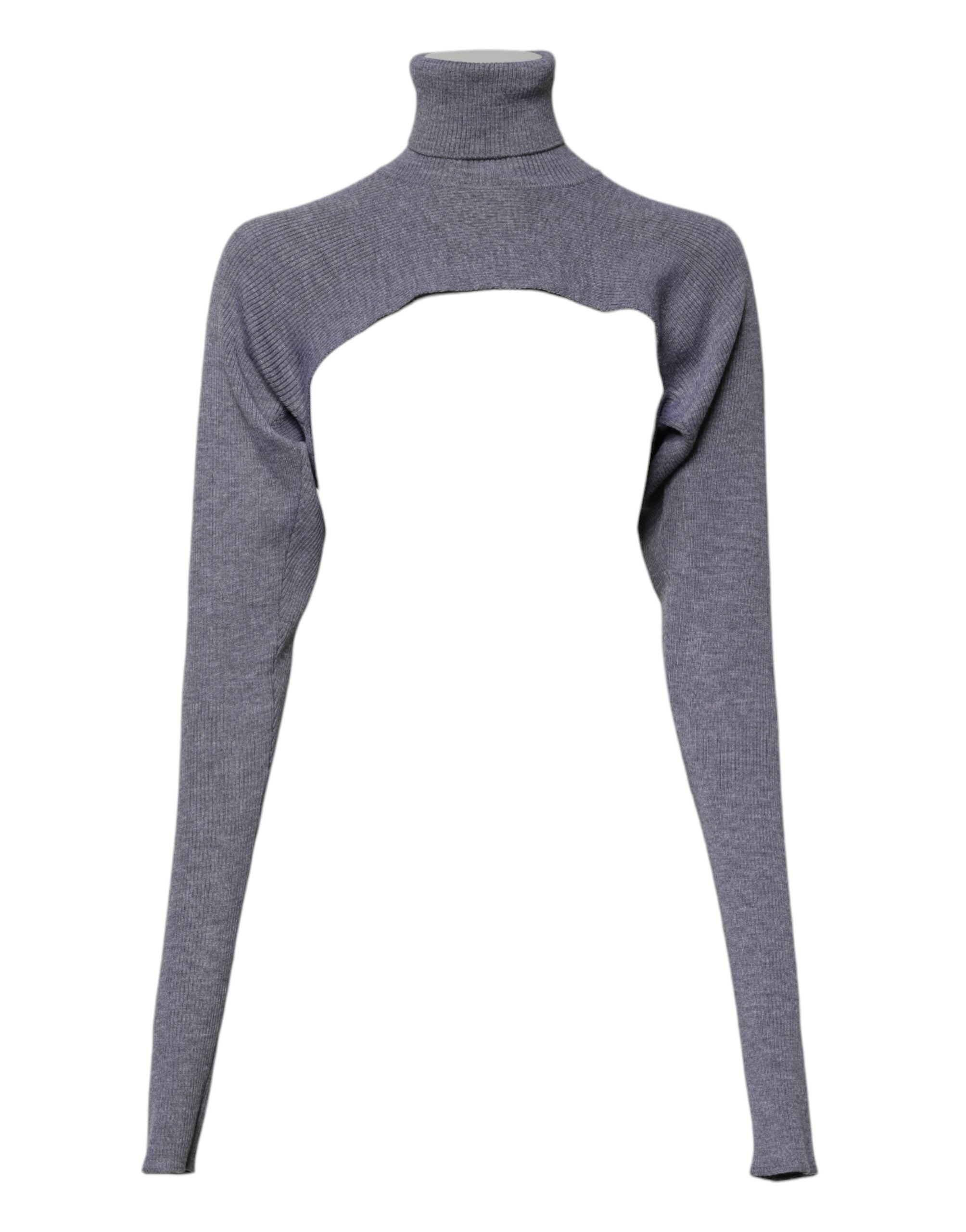 Grauer Strickpullover aus Wolle mit Rollkragen, bauchfrei