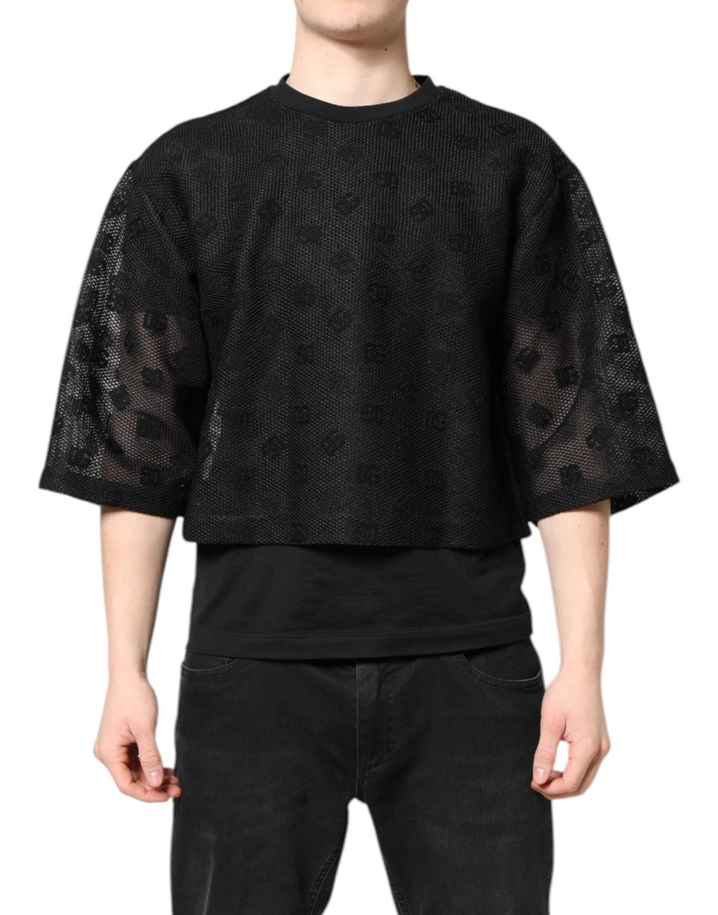 Schwarzes durchsichtiges T-Shirt mit Logo und kurzen Ärmeln