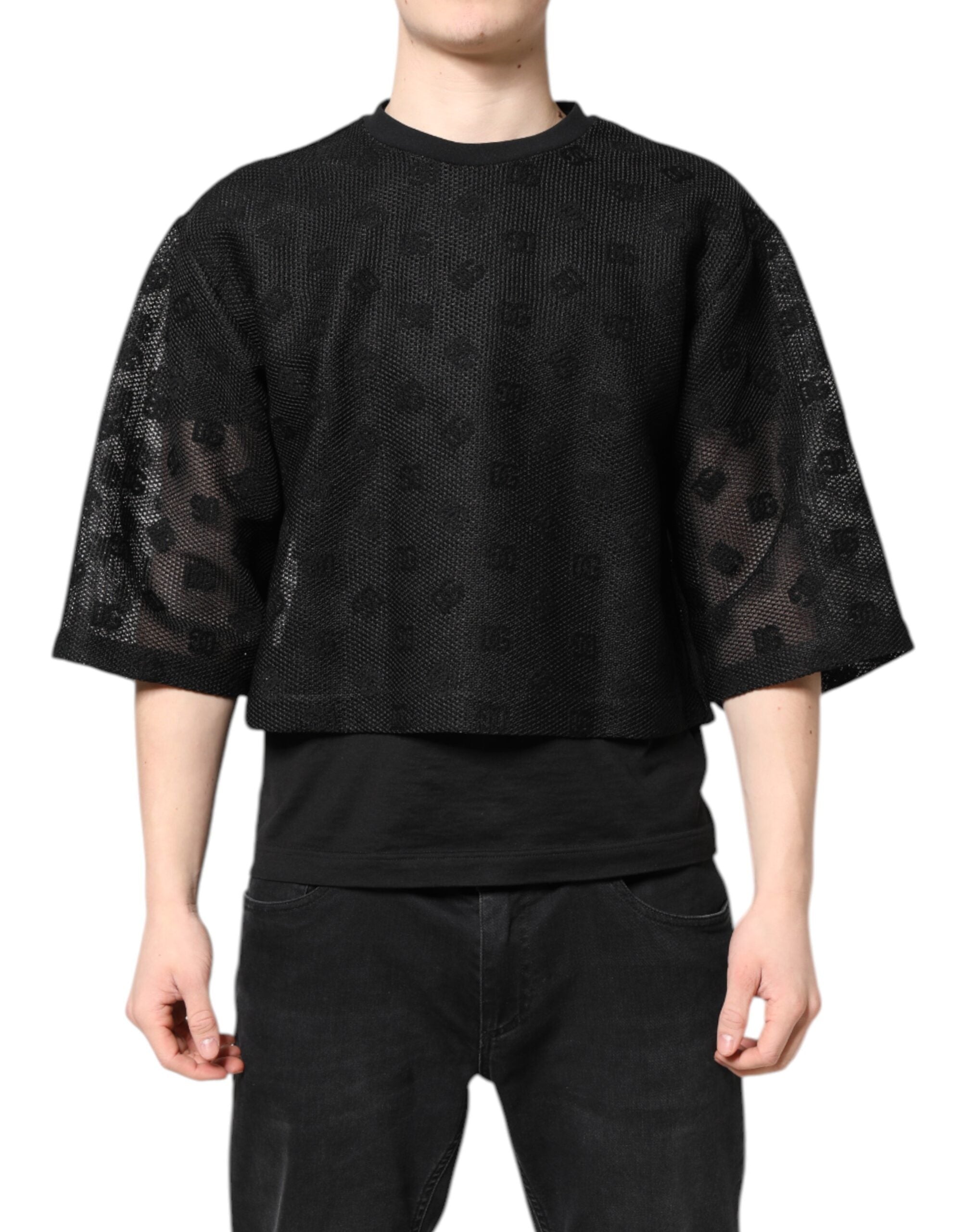 Schwarzes durchsichtiges T-Shirt mit Logo und kurzen Ärmeln