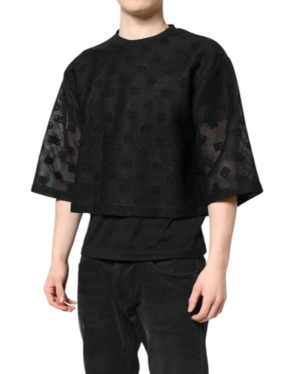 Schwarzes durchsichtiges T-Shirt mit Logo und kurzen Ärmeln