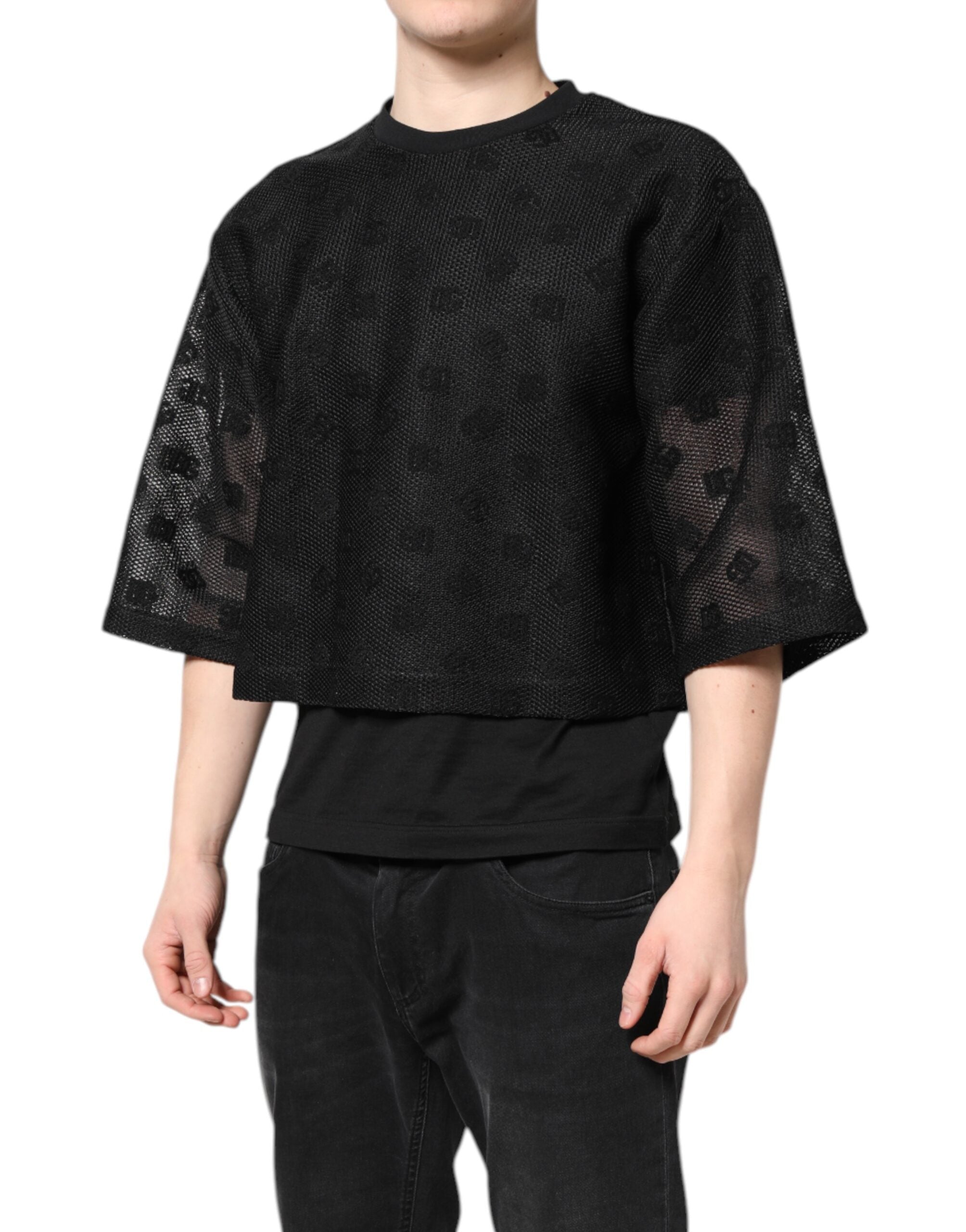 Schwarzes durchsichtiges T-Shirt mit Logo und kurzen Ärmeln