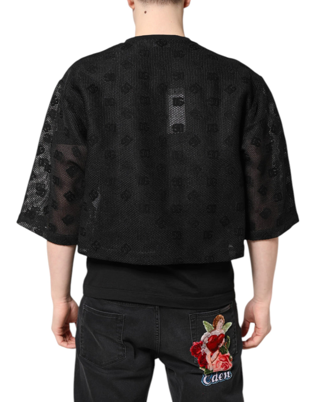 Schwarzes durchsichtiges T-Shirt mit Logo und kurzen Ärmeln