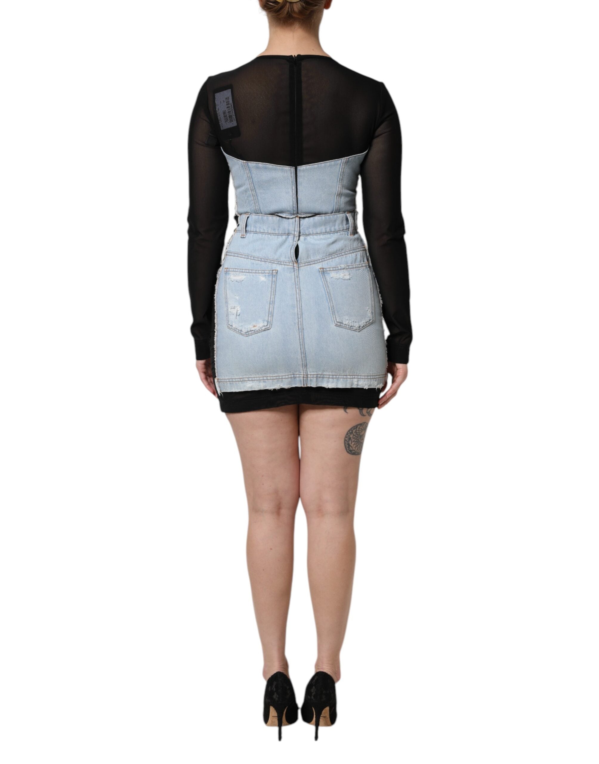 Schwarzes blaues Jeans-Minikleid mit langen Ärmeln