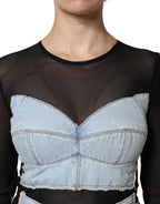 Schwarzes blaues Jeans-Minikleid mit langen Ärmeln
