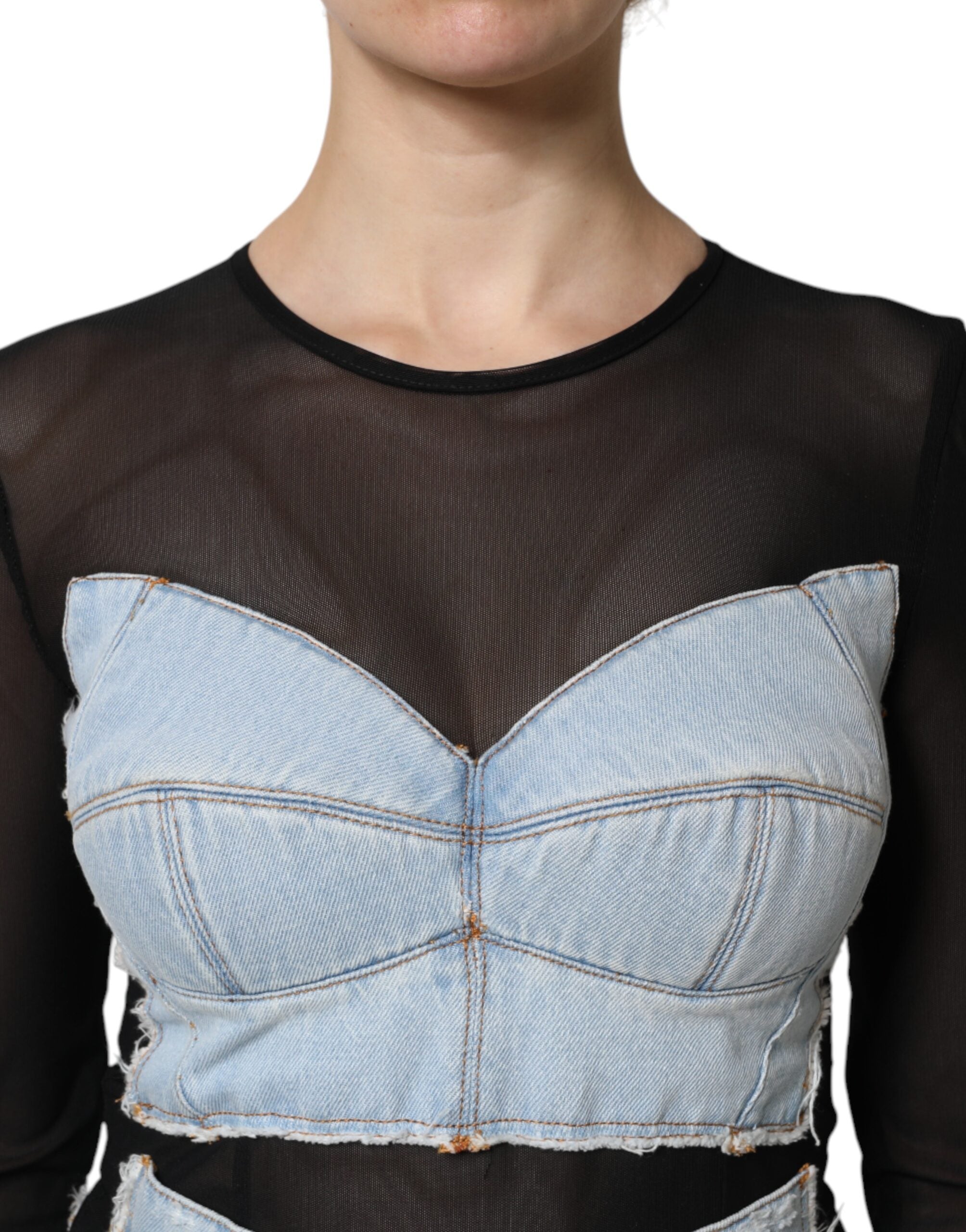 Schwarzes blaues Jeans-Minikleid mit langen Ärmeln