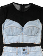 Schwarzes blaues Jeans-Minikleid mit langen Ärmeln