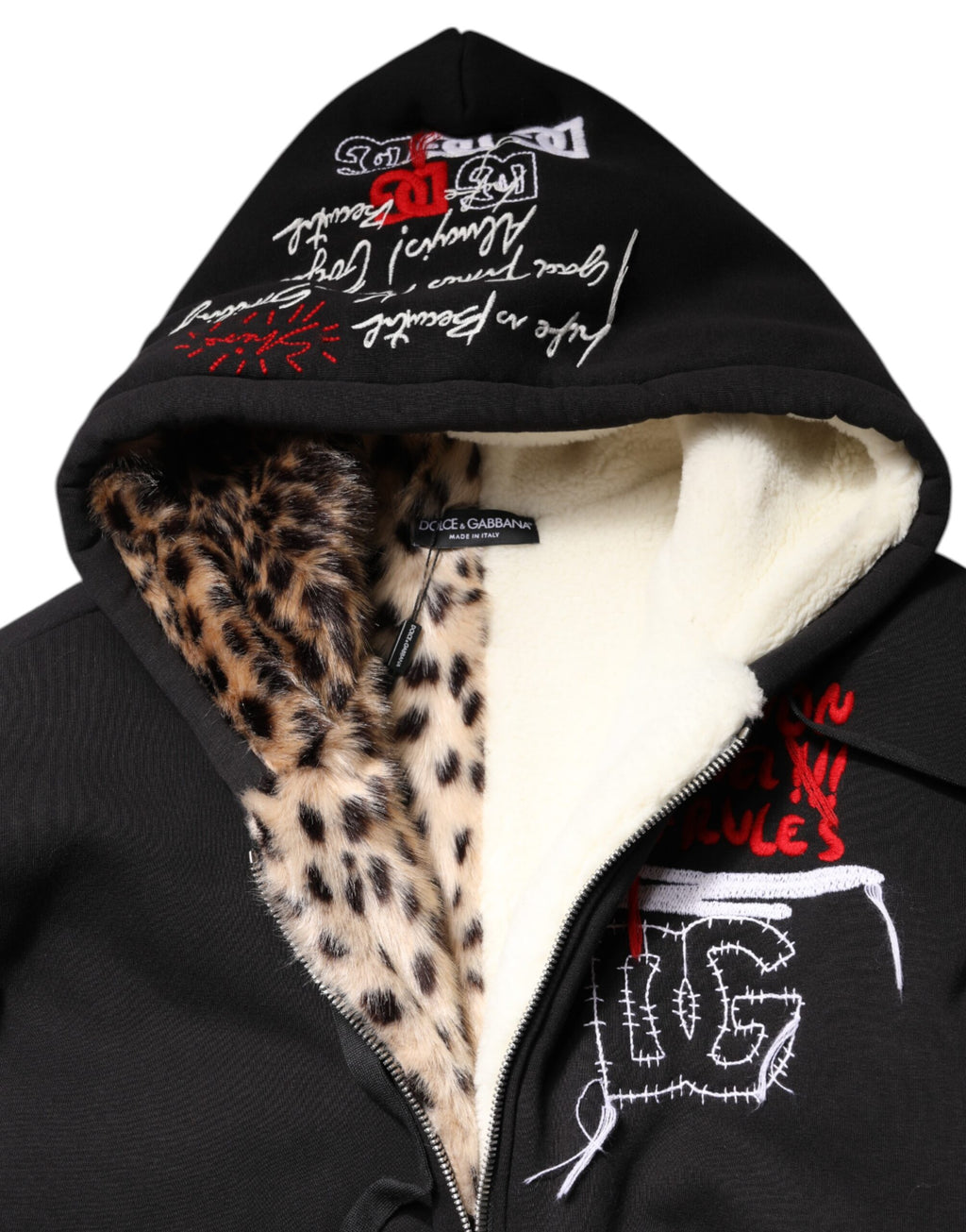 Schwarze bestickte Kapuzenjacke mit durchgehendem Reißverschluss