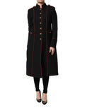 Schwarzer einreihiger Trenchcoat aus Wolle