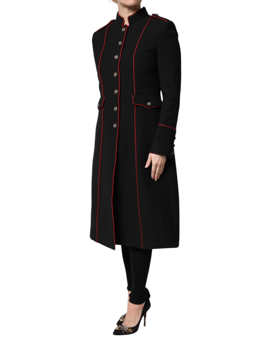 Schwarzer einreihiger Trenchcoat aus Wolle