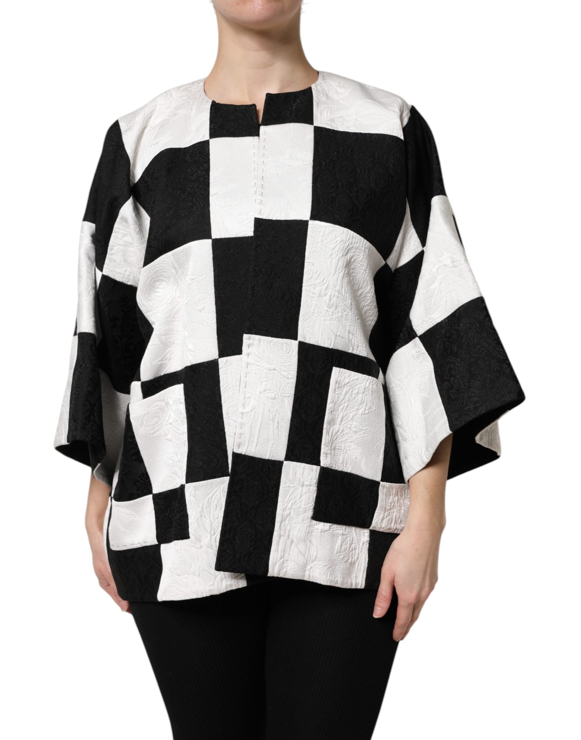 Blazerjacke aus weißem und schwarzem Jacquard-Patchwork