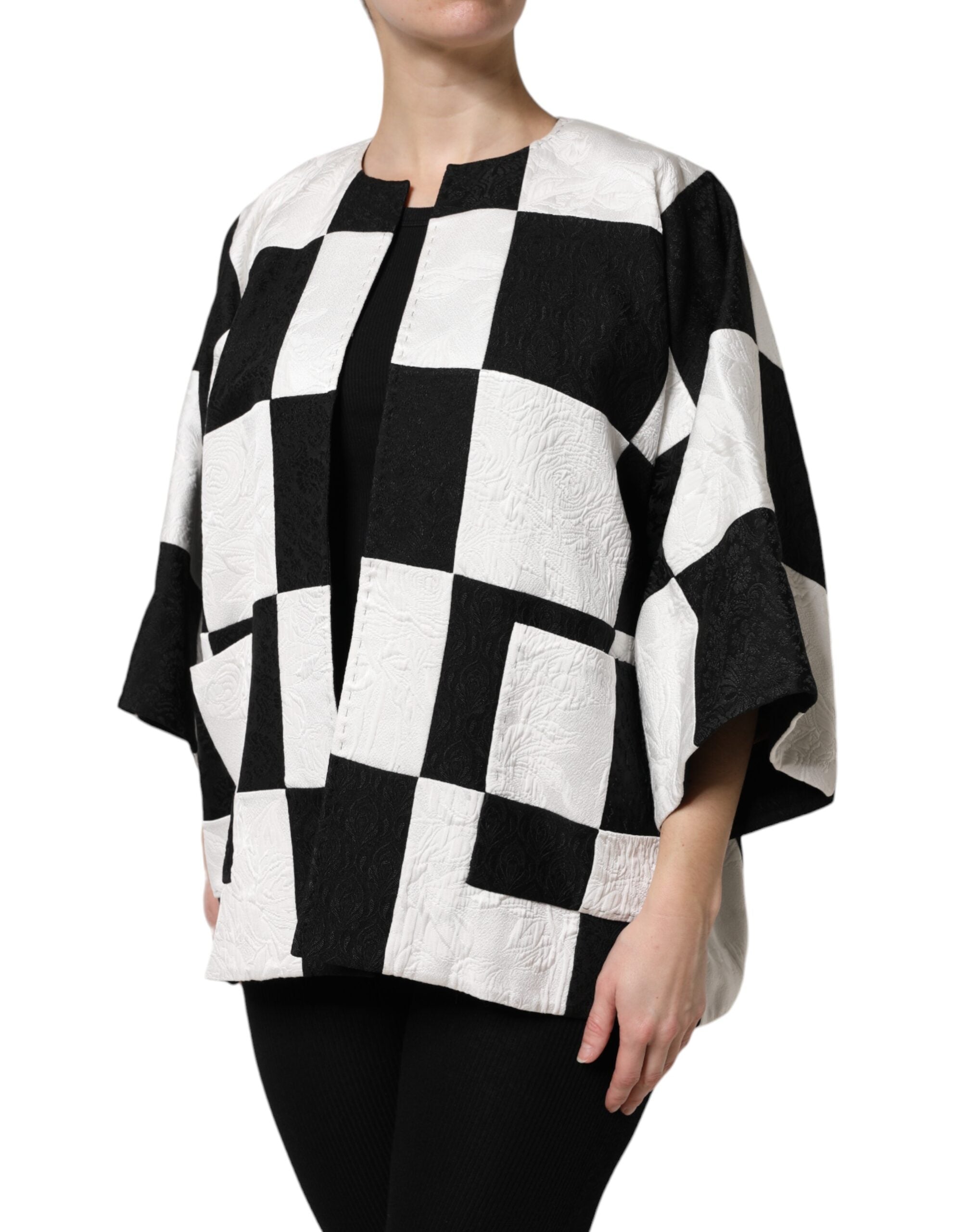 Blazerjacke aus weißem und schwarzem Jacquard-Patchwork