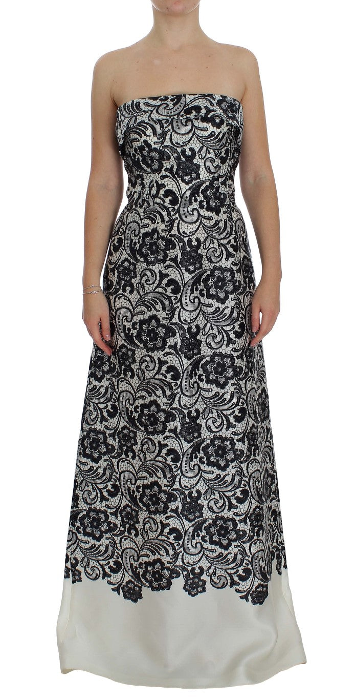 Weißes florales Spitzenkorsett Maxikleid aus Seide