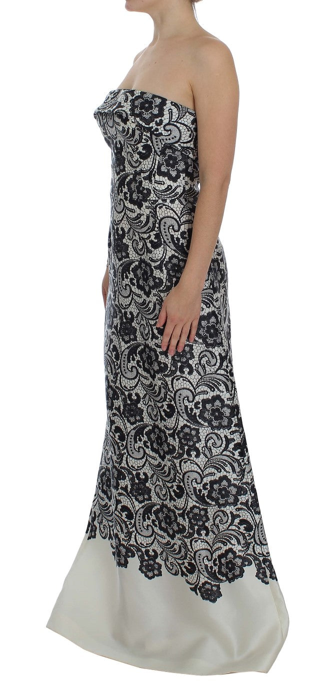 Weißes florales Spitzenkorsett Maxikleid aus Seide
