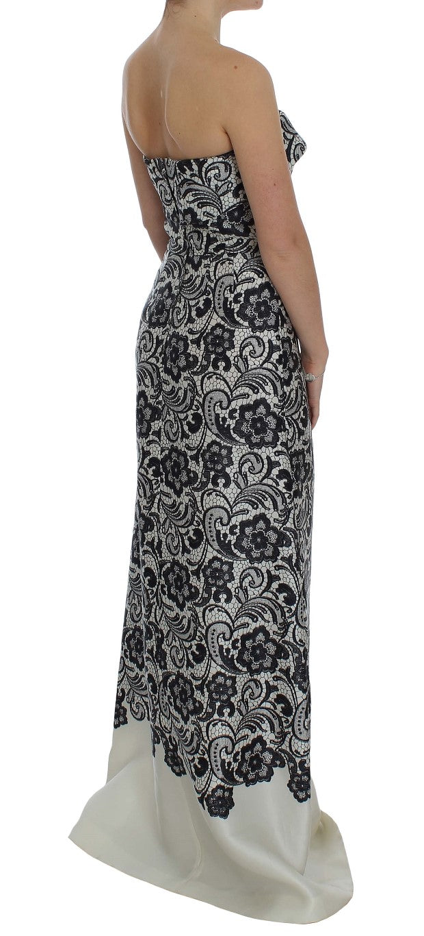 Weißes florales Spitzenkorsett Maxikleid aus Seide