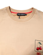 Beige Cherry Print Crew Neck Pullover Sweater