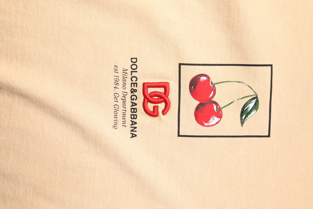 Beige Cotton Logo Print Crew Neck T-shirt