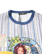 Multicolor Striped Pin Up Linen Round Neck T-shirt