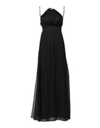 Schwarzes ärmelloses langes Ballkleid aus Tüll mit Perlen