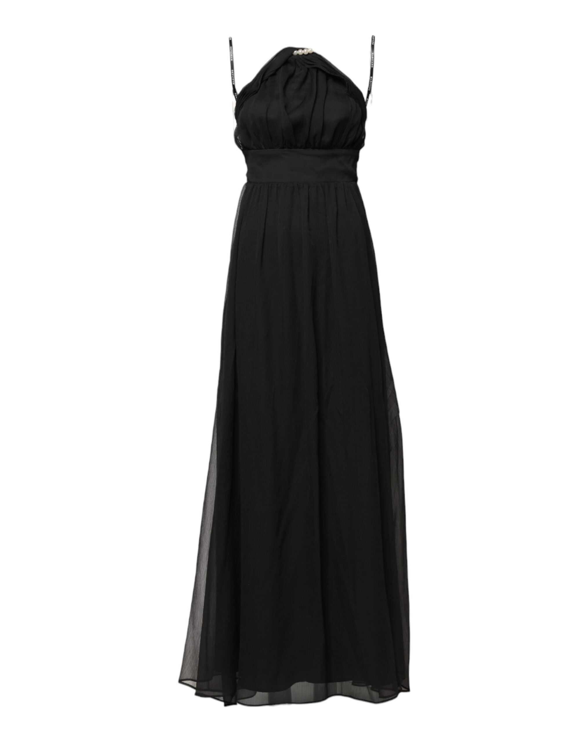 Schwarzes ärmelloses langes Ballkleid aus Tüll mit Perlen