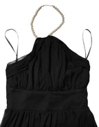 Schwarzes ärmelloses langes Ballkleid aus Tüll mit Perlen