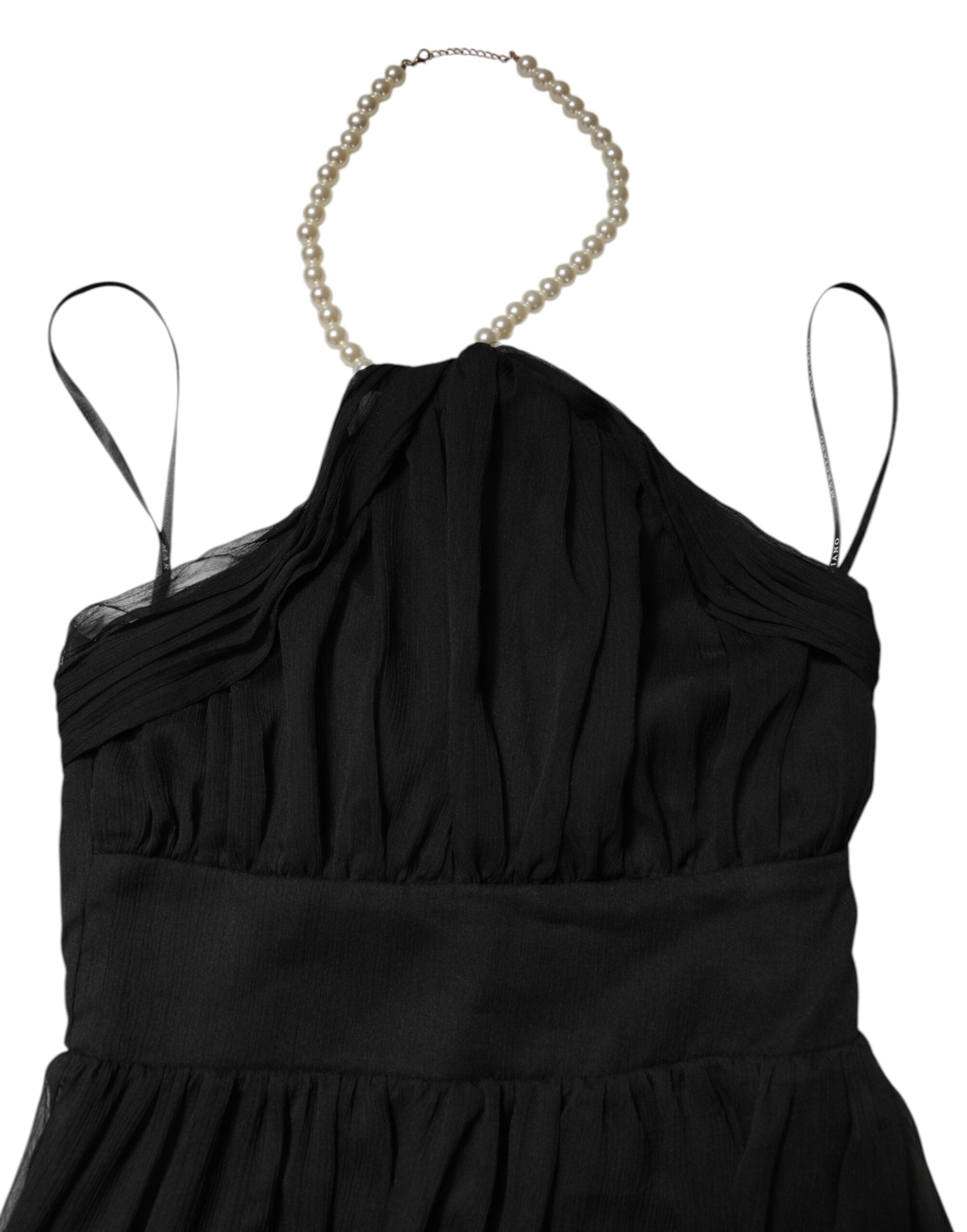 Schwarzes ärmelloses langes Ballkleid aus Tüll mit Perlen
