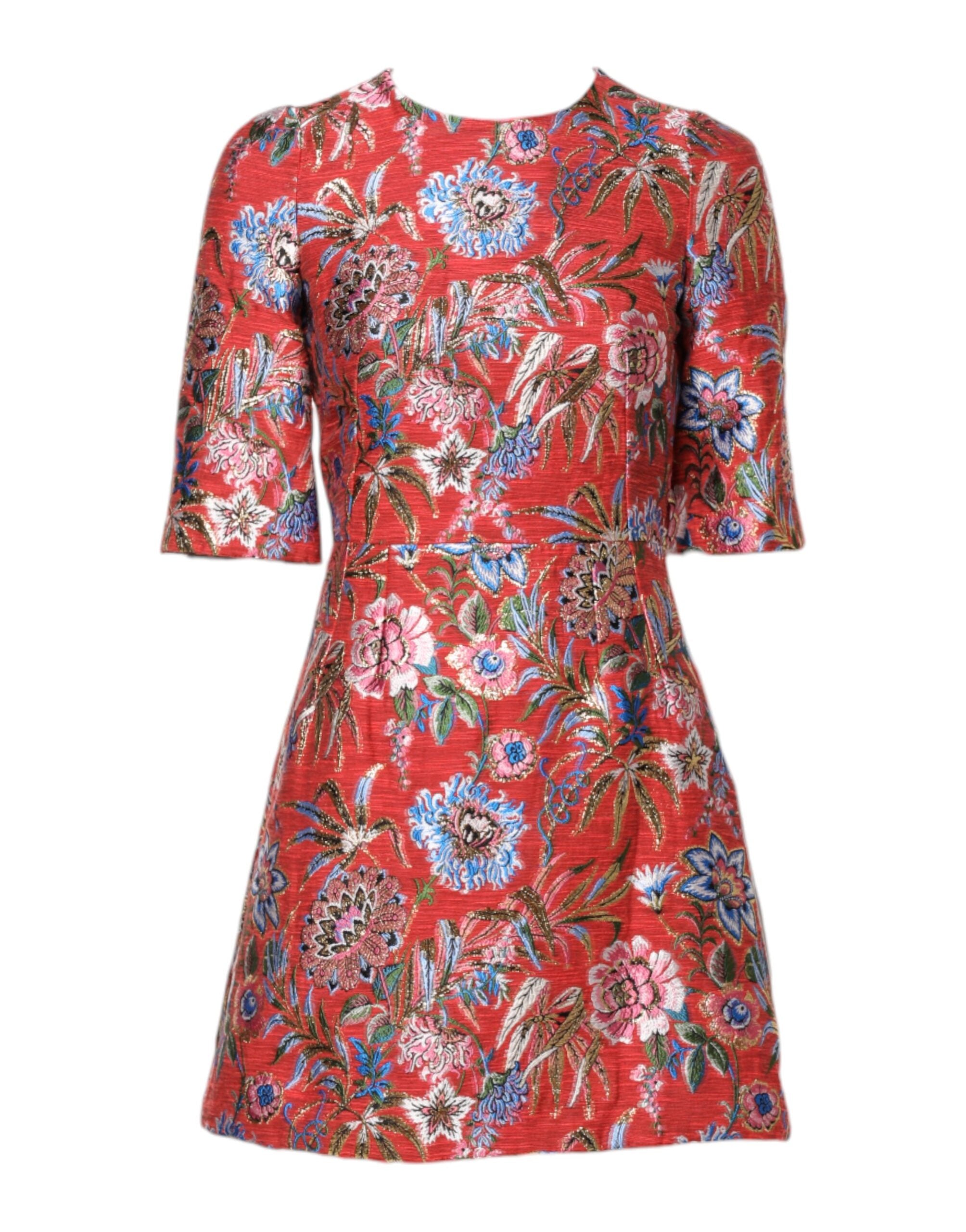 Rot geblümtes Jacquard A-Linien-Minikleid