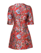 Rot geblümtes Jacquard A-Linien-Minikleid