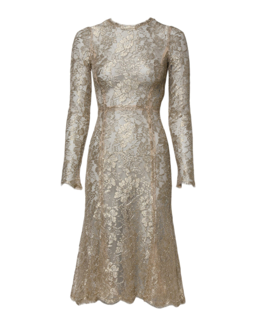 Goldfarbenes geblümtes Spitzenkleid mit langen Ärmeln und ausgestelltem Rock