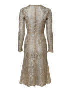 Goldfarbenes geblümtes Spitzenkleid mit langen Ärmeln und ausgestelltem Rock