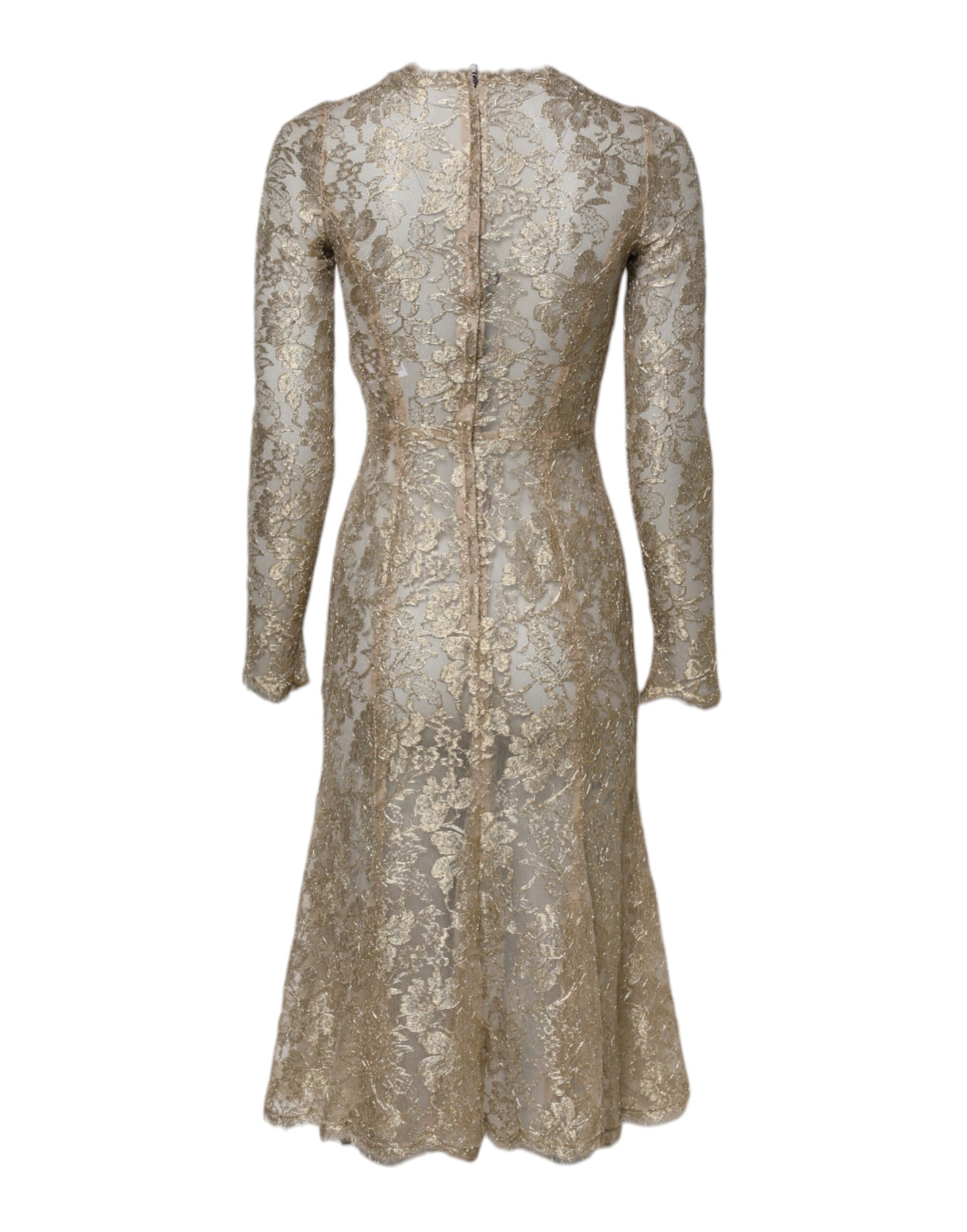 Goldfarbenes geblümtes Spitzenkleid mit langen Ärmeln und ausgestelltem Rock