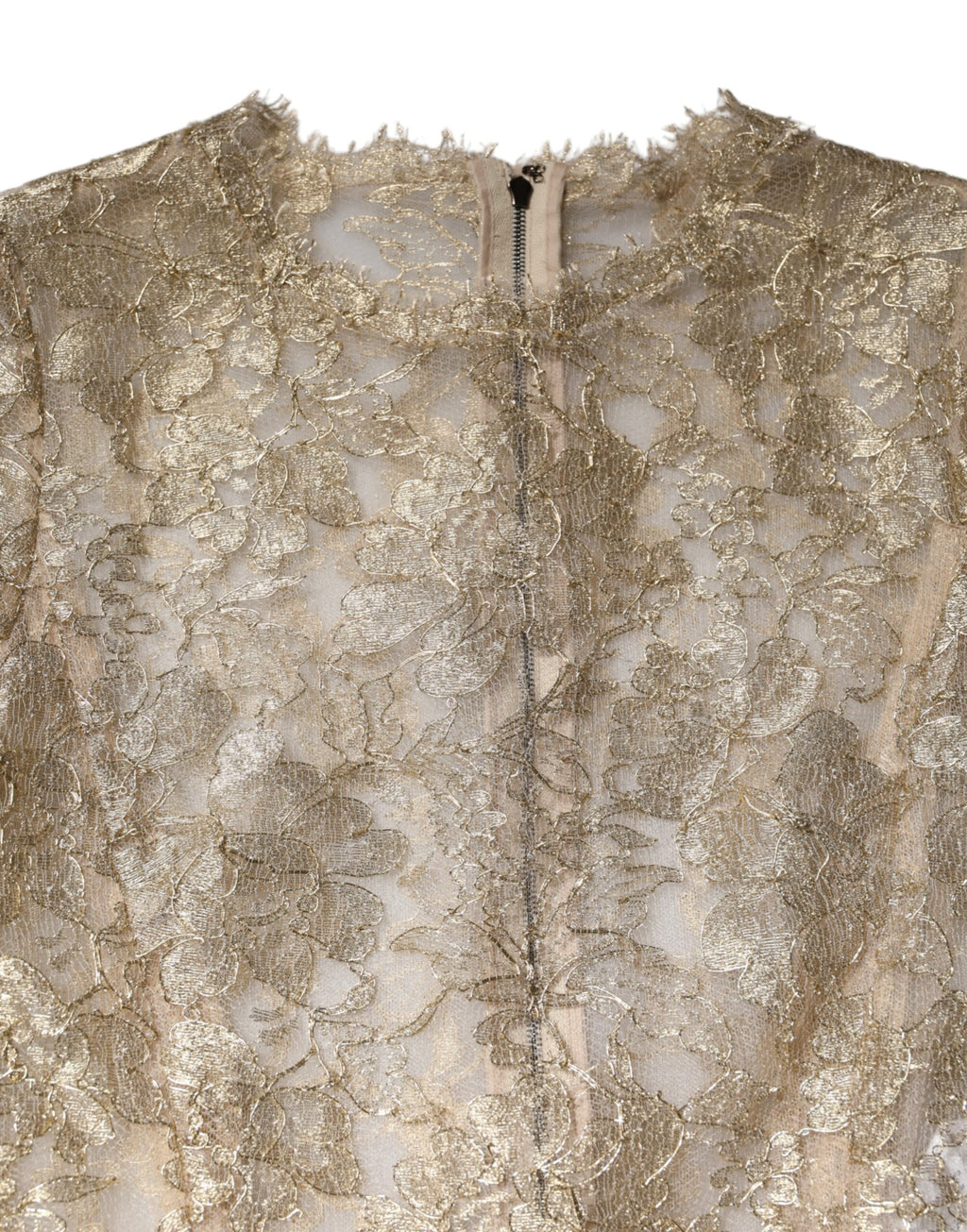 Goldfarbenes geblümtes Spitzenkleid mit langen Ärmeln und ausgestelltem Rock